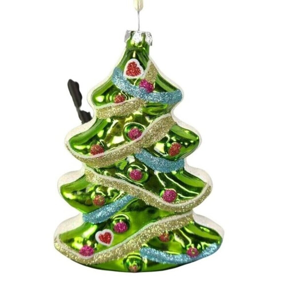 Tree‎ Shaped Xmas Ornament Hand Painted Blown Glass Glitter Holiday Green READ